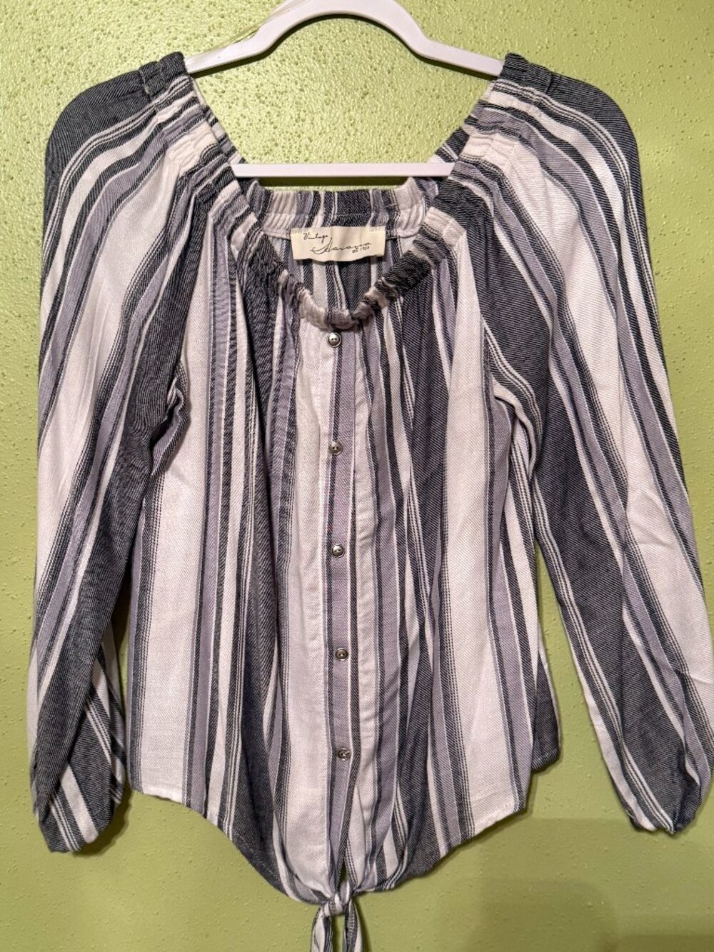 Vintage Havana Blue White Stripe Off Shoulder Tie Front Top Small